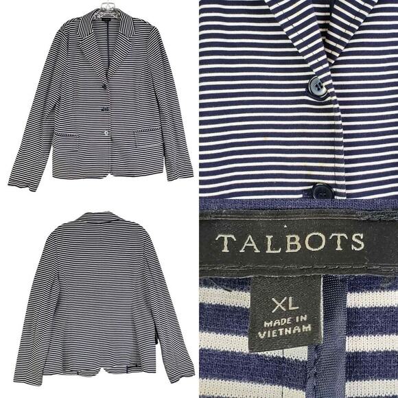 Talbots Blazer Jacket Size XL Navy Blue White Striped Cotton Stretch Knit - Picture 1 of 10